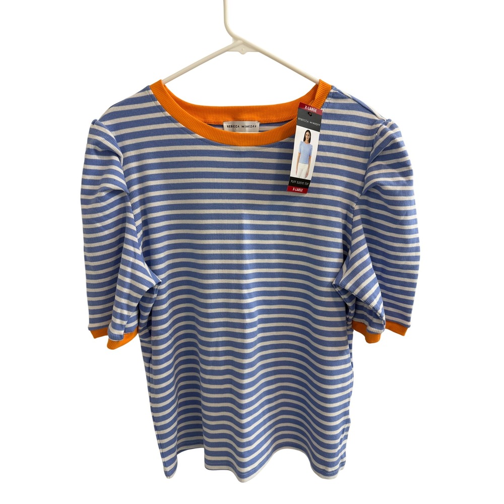 Rebecca Minkoff Puff Sleeve Top Blue White Striped Orange Trim XL NWT